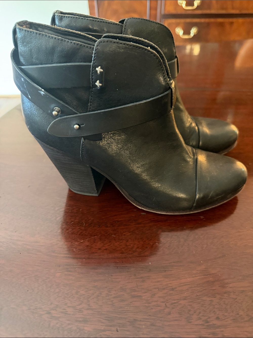 rag & bone Black Leather Ankle Boots with Wrap Strap